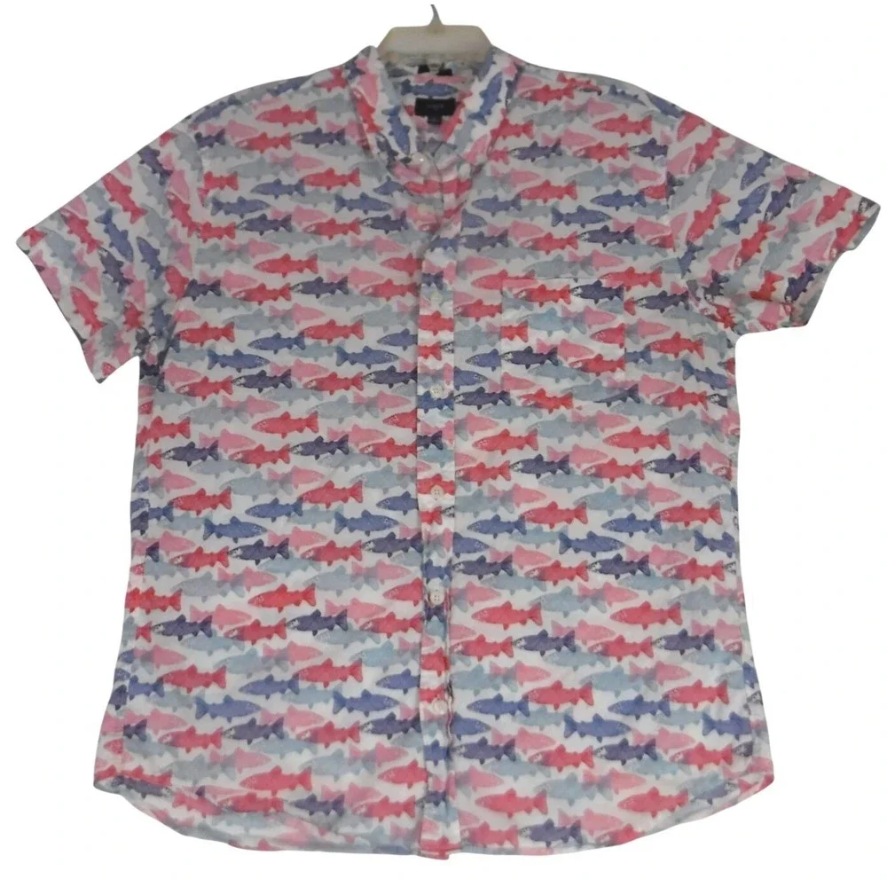 J.CREW Shirt Boy's Large Slim Fit‎ Short Sleeve Button Down All Over Fish Print